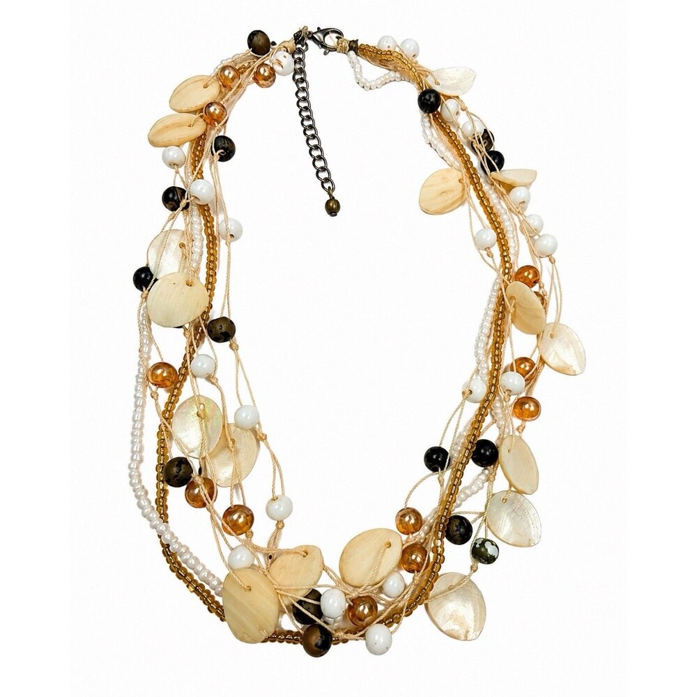 Vintage Boho Multi Strand Mother of Pearl Shell Wood Bead Statement Necklace 18”